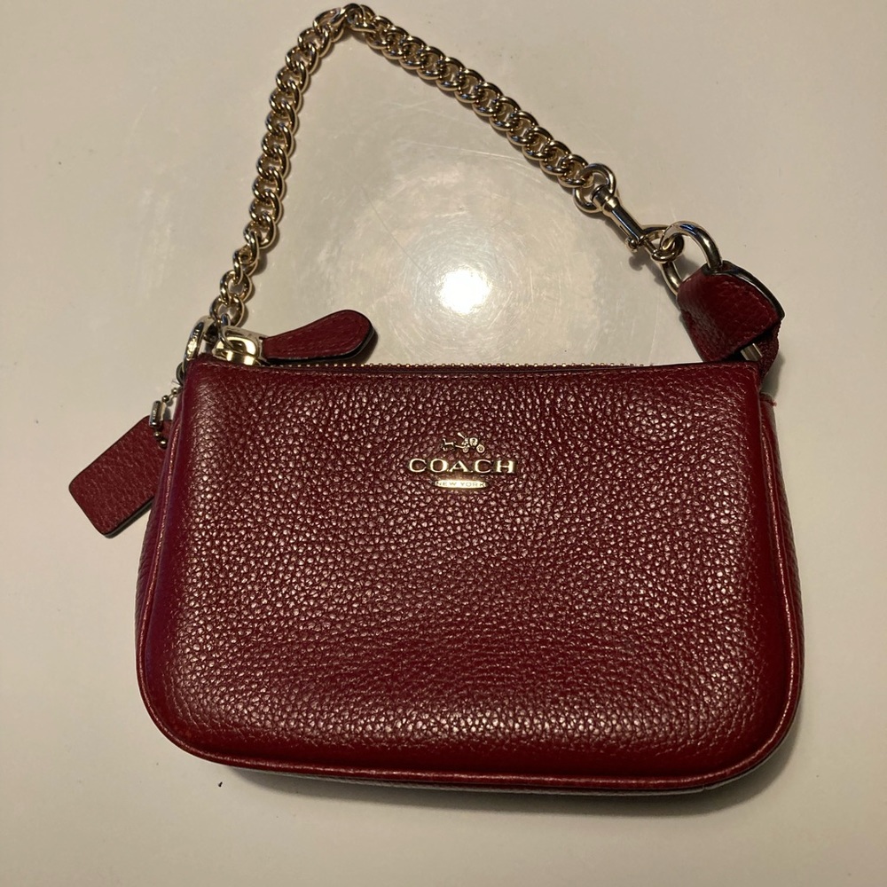 Coach Nolita 15 Red Leather with Gold Chain Wristlet Mini Purse Bag Clutch